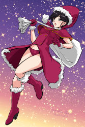Rule 34 | 1girl, artist name, black hair, boots, capelet, christmas, commentary, dated, dress, floating, fur-trimmed dress, fur trim, girls und panzer, gloves, gradient sky, hat, holding, holding sack, isuzu yuri, leg up, looking to the side, matsui yasutsugu, mature female, medium dress, open mouth, over shoulder, panties, red capelet, red dress, red footwear, red gloves, red hat, red panties, sack, santa boots, santa costume, santa gloves, santa hat, short hair, signature, sky, solo, star (sky), starry sky, swept bangs, underwear