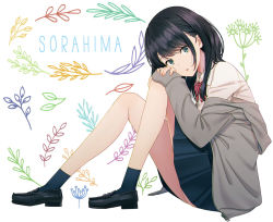 Rule 34 | 1girl, ankle socks, ass, bare legs, black footwear, black hair, blue skirt, blue socks, bow, bowtie, collared shirt, grey jacket, head tilt, hyuuga azuri, jacket, knees up, loafers, long hair, long sleeves, looking at viewer, miniskirt, off shoulder, original, parted lips, pleated skirt, shirt, shoes, sidelocks, sitting, skirt, sleeves past wrists, socks, solo, white background, white shirt