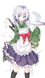 Rule 34 | 1girl, apron, bad id, bad pixiv id, black skirt, black socks, blue eyes, closed mouth, clothes lift, frilled skirt, frills, ghost, green kimono, grey hair, highres, holding, holding plate, japanese clothes, kimono, kneehighs, konpaku youmu, konpaku youmu (ghost), lifting own clothes, looking at viewer, maid, maid headdress, multiple swords, plate, sabana, short hair, simple background, skirt, skirt lift, socks, solo, standing, sword, sword behind back, touhou, weapon, white apron, white background