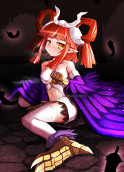 Rule 34 | 1girl, absurdres, bare shoulders, breasts, center opening, claws, clothing cutout, commentary request, duel monster, feathered wings, feathers, furumeta, hair ribbon, hair rings, harpie channeler, harpy, highres, long hair, medium breasts, midriff, monster girl, navel, navel cutout, orange eyes, orange hair, pointy ears, purple feathers, purple wings, ribbon, sitting, solo, talons, thighhighs, twintails, white ribbon, white thighhighs, winged arms, wings, yokozuwari, yu-gi-oh!