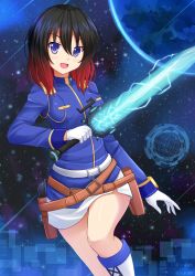 Rule 34 | 1girl, :d, belt, black hair, blush, boots, breasts, diffraction spikes, electric sword, electricity, energy sword, fang, galaxy, gloves, hair between eyes, highres, holding, holding sword, holding weapon, jacket, kazenokaze, knee boots, knee up, long sleeves, looking at viewer, multicolored hair, open mouth, original, planet, purple eyes, purple jacket, red hair, shirt, side slit, skirt, smile, solo, sparkle, star (sky), star (symbol), sword, two-tone hair, uniform, weapon, white belt, white gloves, white shirt, white skirt, zipper