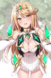 Rule 34 | 1girl, armor, blonde hair, blush, breasts, cleavage, cleavage cutout, clothing cutout, dress, earrings, gem, hair ornament, jewelry, jiino, large breasts, long hair, mythra (xenoblade), navel, nintendo, open mouth, outstretched arms, shoulder armor, sidelocks, smile, solo, standing, strap, strapless, strapless dress, swept bangs, thighs, tiara, turtleneck, very long hair, white dress, xenoblade chronicles (series), xenoblade chronicles 2, yellow eyes