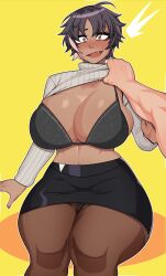 Rule 34 | assisted exposure, bon (vtuber), bra, breasts, clothes grab, clothes lift, dark skin, fang, highres, huge breasts, indie virtual youtuber, panties, pantyhose, pantyshot, shirt, short hair, skirt, strongmoist, surprised, sweater, thick thighs, thighs, underwear, wide hips
