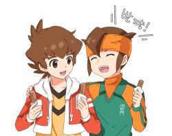 Rule 34 | 10s, 2boys, bad id, bad pixiv id, brown eyes, brown hair, crossover, danball senki, closed eyes, food, headband, inazuma eleven (series), inazuma eleven go, korean text, male focus, multiple boys, open mouth, short hair, simple background, t (toddy t), translated, upper body, white background, yamano ban