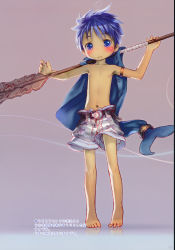 Rule 34 | 1boy, absurdres, bare shoulders, barefoot, blue eyes, blue hair, blush, child, collarbone, full body, highres, holding, holding oar, looking at viewer, male focus, navel, nipples, oar, original, parted lips, short hair, solo, translation request, tsukushi akihito