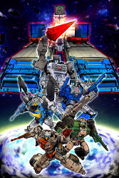 Rule 34 | 1980s (style), 5boys, absurdres, autobot, blue eyes, brainstorm (transformers), cannon, chromedome, commentary request, fighting stance, fortress maximus, glowing, glowing eyes, gun, hardhead, hardhead (transformers), highbrow (transformers), highres, holding, holding gun, holding weapon, insignia, looking at viewer, multiple boys, no humans, oldschool, open mouth, outdoors, retro artstyle, spacecraft, standing, sword, tajima 0109, transformers, transformers: the headmasters, weapon, wheel