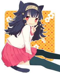 Rule 34 | 1boy, alluka zoldyck, animal ears, ayu (mog), bad id, bad pixiv id, between legs, black hair, black thighhighs, blush, cat ears, cat tail, hair ornament, hairband, hunter x hunter, long hair, looking at viewer, male focus, multi-tied hair, open mouth, outside border, pleated skirt, red eyes, school uniform, sitting, skirt, smile, solo, tail, thighhighs, v