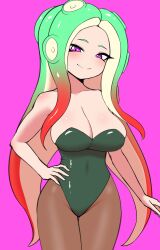 Rule 34 | 1girl, absurdres, breasts, closed mouth, collarbone, commentary request, dot nose, eyelashes, gradient hair, green hair, groin, hand on own hip, highleg, highleg leotard, highres, large breasts, leotard, long hair, looking at viewer, multicolored hair, nintendo, octoling, octoling girl, octoling player character, pantyhose, pero (pero7762), pink background, pink eyes, red hair, simple background, smile, solo, splatoon (series), standing, tentacle hair, two-tone hair, very long hair