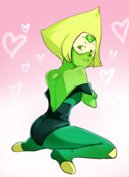 Rule 34 | 1girl, alien, back, breasts, colored skin, female focus, from behind, full body, gradient background, green skin, heart, highres, jcm2, leotard, looking at viewer, looking back, no bra, peridot (steven universe), petite, short hair, simple background, sitting, small breasts, solo, steven universe, undressing, visor, wariza