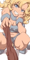 Rule 34 | 1girl, aonori misuji, ayla (chrono trigger), blonde hair, blue eyes, breasts, chrono trigger, cleavage, club (weapon), curly hair, long hair, looking at viewer, medium breasts, simple background, smile, solo, weapon, white background