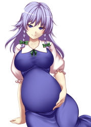 Rule 34 | 1girl, absurdres, alternate hair length, alternate hairstyle, blue eyes, braid, breasts, highres, izayoi sakuya, large breasts, long hair, maid, pregnant, silver hair, simple background, smile, solo, touhou, tro, twin braids, white background