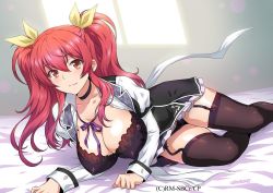 Rule 34 | 10s, 1girl, black bra, black panties, black thighhighs, blush, bra, breasts, choker, cleavage, collarbone, covered erect nipples, garter straps, huge breasts, impossible clothes, joy ride, looking at viewer, lying, open clothes, orange eyes, panties, pantyshot, rakudai kishi no cavalry, red hair, school uniform, smile, solo, stella vermillion, thighhighs, twintails, underwear