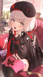 Rule 34 | 1boy, 1girl, absurdres, black gloves, black hat, black thighhighs, blush, candy, chocolate, chocolate heart, fingerless gloves, food, food in mouth, gloves, goddess of victory: nikke, grey eyes, grey hair, hat, heart, highres, indoors, long sleeves, medium hair, military uniform, napkin, on chair, open mouth, plant, potted plant, sitting, solo, teeth, thighhighs, uniform, valentine, vesti (nikke), yoyopipa