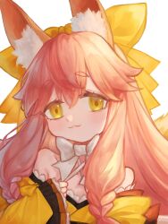 Rule 34 | 1girl, :3, absurdres, animal ear fluff, animal ears, bow, bowtie, closed mouth, fate/samurai remnant, fate (series), fox ears, ggangtong, hair bow, highres, japanese clothes, kimono, light blush, long hair, looking at viewer, pink hair, portrait, sidelocks, simple background, sleeves past wrists, solo, tamamo (fate), tamamo aria (fate), upper body, white background, white bow, white bowtie, yellow bow, yellow eyes, yellow kimono