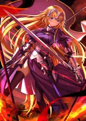 Rule 34 | 1girl, armor, blonde hair, chain, fate/apocrypha, fate (series), fire, flag, gauntlets, headwear request, highres, jeanne d&#039;arc (fate), jeanne d&#039;arc (ruler) (fate), purple eyes, skirt, solo, sword, swordsouls, thighhighs, weapon