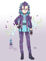 Rule 34 | 1boy, aona (noraneko), belt boots, blue hair, boots, bracelet, braid, character name, collar, creatures (company), cropped jacket, fingerless gloves, frown, game freak, gen 8 pokemon, gloves, grey eyes, hair ornament, hair slicked back, hairclip, hand on own hip, hood, hoodie, humanization, jewelry, layered legwear, lightning, male focus, multicolored hair, nintendo, pokedex number, pokemon, purple hair, short hair, sleeves past elbows, solo, spiked bracelet, spiked collar, spiked hair, spikes, streaked hair, torn clothes, torn legwear, toxtricity, toxtricity (low key), two-tone hair, v-shaped eyebrows