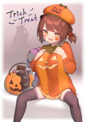Rule 34 | 1girl, black thighhighs, breasts, brown hair, candy, chocolate, chocolate bar, condom, condom packet strip, condom wrapper, dress, food, granblue fantasy, hair bobbles, hair ornament, halloween costume, hat, hsuliherng, large breasts, lecia (granblue fantasy), long sleeves, looking at viewer, open mouth, oppai loli, pumpkin, sitting, solo, teeth, thighhighs, trick or treat, yaia (granblue fantasy), yellow eyes
