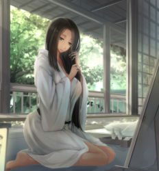 Rule 34 | 1girl, architecture, barefoot, black hair, breasts, brown eyes, east asian architecture, expressionless, indoors, japanese clothes, kikivi, kneeling, large breasts, long hair, original, sliding doors, solo, tree, very long hair