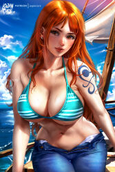 Rule 34 | 1girl, absurdres, animal ears, aqua bikini, artist name, bikini, bikini top only, blue sky, breasts, brown eyes, curvy, day, denim, highres, jeans, large breasts, lips, logan cure, long hair, looking at viewer, nami (one piece), navel, ocean, one piece, open fly, orange hair, outdoors, pants, shiny skin, shoulder tattoo, sky, solo, swimsuit, tattoo, wet, wide hips
