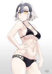 Rule 34 | 1girl, alternate costume, armpits, bare arms, bare shoulders, bikini, black bikini, blush, breasts, cleavage, collarbone, fate (series), groin, hair between eyes, headpiece, jeanne d&#039;arc (fate), jeanne d&#039;arc (ruler) (fate), jeanne d&#039;arc alter (avenger) (fate), jeanne d&#039;arc alter (fate), large breasts, midriff, murio, navel, short hair, sideboob, signature, silver hair, skindentation, stomach, swimsuit, thighs, underboob, yellow eyes