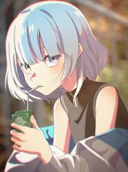 Rule 34 | 1girl, absurdres, bang dream!, bang dream! it&#039;s mygo!!!!!, black shirt, blurry, blurry background, commentary request, drinking straw, drinking straw in mouth, grey eyes, heterochromia, highres, jacket, juice box, kaname raana, looking at viewer, medium hair, off shoulder, shirt, shu atelier, sleeveless, sleeveless shirt, solo, upper body, white hair, white jacket, yellow eyes