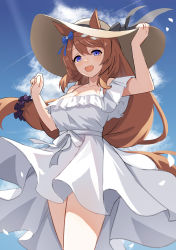 Rule 34 | 1girl, alternate costume, animal ears, bare shoulders, blue eyes, breasts, brown hair, cleavage, cloud, collarbone, contrail, day, dress, ears through headwear, feet out of frame, hair ornament, hair scrunchie, hand on own hip, hands up, hat, highres, horse ears, horse girl, horse tail, large breasts, long hair, looking at viewer, open mouth, outdoors, petals, scrunchie, smile, solo, sun hat, super creek (umamusume), tail, umamusume, unfinished, vococo, white dress