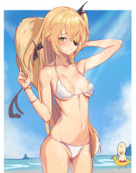 Rule 34 | 1girl, arm up, bare shoulders, beach, bikini, black bow, blue sky, blush, border, bow, bracelet, brown headwear, closed mouth, cloud, cloudy sky, collarbone, covered erect nipples, drooling, duck innertube, eyepatch, fischl (genshin impact), genshin impact, gold bracelet, green eyes, hair bow, hat, highres, holding, holding clothes, holding hat, innertube, jewelry, kkry99, light rays, long hair, looking at another, looking at viewer, navel, ocean, open mouth, outdoors, sand, silhouette, sky, sun hat, swim ring, swimsuit, twintails, unworn hat, unworn headwear, white bikini, white border