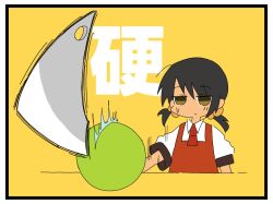 Rule 34 | 1girl, black hair, brown eyes, cabbage, cutting, dress, expressionless, failure, food, fruit, hair bobbles, hair ornament, half-closed eyes, hokorima, holding, holding knife, kaai yuki, knife, kyoufuu all back (vocaloid), motion lines, perspective, quality cabbage (meme), red dress, short twintails, solo, sweatdrop, twintails, unamused, vocaloid, yellow background