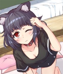 Rule 34 | 10s, 1girl, all fours, animal ears, bad id, bad pixiv id, bang dream!, bed, black shirt, blush, breasts, cat ears, cleavage, collar, downblouse, hair flaps, hand up, indoors, kemonomimi mode, looking at viewer, medium breasts, no pants, one eye closed, paw pose, pillow, red collar, red eyes, shirt, short hair, short sleeves, solo, tamaguu (lanev0), ushigome rimi