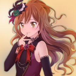 Rule 34 | 1girl, bang dream!, black feathers, brown hair, feather hair ornament, feathers, finger to mouth, hair between eyes, hair ornament, half updo, imai lisa, orange background, purple feathers, ribbon, shatiko, solo, wavy hair