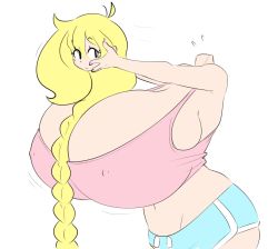 Rule 34 | 1girl, blonde hair, breasts, cassie (theycallhimcake), cleavage, dullahan, covered erect nipples, gigantic breasts, headless, highres, long hair, looking back, nail polish, original, pink nails, solo, tank top, theycallhimcake