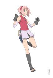 Rule 34 | 1girl, alternate eye color, arm warmers, bag, bandages, bare shoulders, bike shorts, black footwear, black gloves, blue eyes, boots, breasts, expressionless, gloves, hands up, haruno sakura, headdress, holster, knee boots, looking to the side, miniskirt, naruto (series), naruto shippuuden, pink hair, pink skirt, red shirt, shirt, shoes, short hair, shorts, shorts under skirt, side slit, simple background, skirt, sleeveless, sleeveless shirt, small breasts, solo, spandex, thigh holster, thigh strap, toeless footwear, white background, yupii, zipper