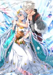 Rule 34 | 1boy, 1girl, anastasia (fate), bags under eyes, black shirt, blue cloak, blue eyes, blurry, blurry foreground, brown eyes, cloak, closed mouth, commentary request, crown, depth of field, dress, earrings, eye contact, fate/grand order, fate (series), fur-trimmed jacket, fur trim, grey jacket, hand on another&#039;s shoulder, highres, jacket, jewelry, kadoc zemlupus, light brown hair, long hair, long sleeves, looking at another, looking to the side, mini crown, open clothes, open jacket, profile, royal robe, shirt, silver hair, smile, swordsouls, branch, very long hair, white dress