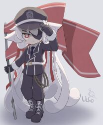 Rule 34 | 1other, :&lt;, absurdly long hair, abyssaullllfish, androgynous, animal, animal ears, belt, belt buckle, black footwear, black gloves, black hat, black jacket, black pants, boots, bright pupils, buckle, closed mouth, cross-laced footwear, eyepatch, flag, frown, full body, gloves, hat, highres, holding, holding flag, jacket, lace-up boots, lapels, long hair, long sleeves, looking at viewer, military, military hat, military jacket, military uniform, notched lapels, original, other focus, pants, red eyes, red flag, salute, sleeve cuffs, solo, toon (style), two-finger salute, uniform, very long hair, white belt, white hair, white pupils