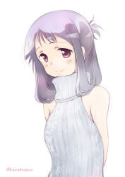 Rule 34 | 1girl, arms behind back, casual, closed mouth, commentary request, dress, halterneck, long hair, looking to the side, meme attire, nakasawa kei, purple eyes, purple hair, ribbed dress, ribbed sweater, saki, simple background, sleeveless, sleeveless dress, smile, solo, standing, suehara kyouko, sweater, turtleneck, twitter username, upper body, virgin killer sweater, white background, white sweater