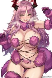 Rule 34 | 1girl, blue archive, breasts, cenangam, cosplay, demon horns, fangs, fur collar, fur trim, gloves, halo, highres, horns, huge breasts, long hair, mash kyrielight, mash kyrielight (dangerous beast), mash kyrielight (dangerous beast) (cosplay), mole, mole on breast, navel, open mouth, pink hair, pubic tattoo, satsuki (blue archive), solo, tattoo, thick thighs, thighs, tongue, tongue out, yellow eyes