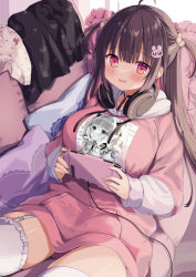 Rule 34 | 1girl, absurdres, ahoge, animal head, blush, breasts, brown hair, commentary request, couch, cushion, garter straps, hair between eyes, hair ornament, headphones, headphones around neck, highres, indoors, large breasts, long hair, long sleeves, looking at viewer, nintendo switch, okiq, open mouth, original, pink sweater, red eyes, sidelocks, sitting, smile, solo, sweater, thighhighs, twintails, white thighhighs