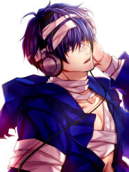Rule 34 | 1boy, aosame rain, bandages, collarbone, headphones, holding, holding headphones, hood, hood down, hoodie, looking at viewer, open mouth, purple eyes, purple hair, sound voltex, yasshan