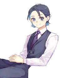 Rule 34 | 1girl, black hair, black pants, black vest, blue eyes, blue hair, closed mouth, collared shirt, colored inner hair, commentary, formal, gundam, gundam suisei no majo, looking at viewer, multicolored hair, necktie, nika nanaura, own hands together, pants, purple necktie, shirt, short hair, simple background, sitting, smile, solo, symbol-only commentary, tiku (ttcwf03), vest, white background, white shirt