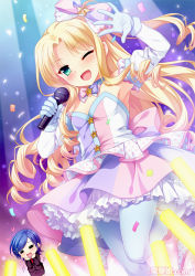 Rule 34 | 2girls, arm up, armpits, bare shoulders, blonde hair, blue hair, bow, bowtie, chibi, choukun, closed eyes, confetti, curly hair, dancing, dengeki hime, detached collar, detached sleeves, enjutsu, formal, gloves, hair bow, hands on own face, holding, idol, koihime musou, leg lift, light stick, long hair, microphone, multiple girls, music, official art, one eye closed, open mouth, pantyhose, ribbon, saeki hokuto, shirt, short hair, singing, skirt, skirt suit, smile, standing, standing on one leg, striped clothes, striped shirt, striped skirt, suit, very long hair, watermark, white gloves, white legwear