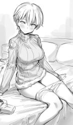 Rule 34 | 1girl, absurdres, bed, blush, brave witches, breasts, closed mouth, clothes pull, fankupl, greyscale, highres, large breasts, looking at viewer, monochrome, nikka edvardine katajainen, on bed, pantyhose, pantyhose pull, short hair, sitting, solo, sweater, world witches series