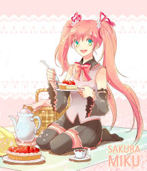 Rule 34 | 1girl, alternate color, bad id, bad pixiv id, black footwear, boots, bow, bowtie, cherry blossoms, cup, detached sleeves, food, fork, fruit, green eyes, hatsune miku, long hair, name connection, object namesake, picnic basket, pie, pink hair, riri (artist), sakura miku, seiza, sitting, skirt, solo, strawberry, tea, teacup, teapot, thighhighs, twintails, vocaloid