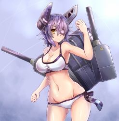 Rule 34 | 10s, 1girl, bikini, blush, breasts, cleavage, eyepatch, female focus, gradient background, headgear, kantai collection, large breasts, looking at viewer, navel, personification, purple hair, short hair, smile, solo, standing, sumapan, swimsuit, tenryuu (kancolle), yellow eyes