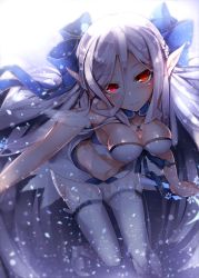 Rule 34 | 1girl, blush, breasts, cleavage, highres, kazetto, long hair, looking at viewer, navel, ortlinde=nblg=valkyria, pointy ears, red eyes, slit pupils, solo, sound voltex, thighhighs, white hair, white thighhighs