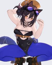 Rule 34 | 1girl, animal ears, ankle boots, anklet, arknights, arm up, armpits, black footwear, black hair, black leotard, blue pantyhose, blush, boots, breasts, cameltoe, cat ears, cat girl, cat tail, cleavage, closed mouth, goggles, goggles on head, hair ornament, hairclip, highres, jewelry, kittysuit, kochiya (gothope), leotard, looking at viewer, medium breasts, necklace, nontraditional playboy bunny, pantyhose, rockrock (arknights), short hair, simple background, solo, spread legs, strapless, strapless leotard, tail, white background, yellow eyes