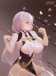 Rule 34 | 1girl, artist name, azur lane, between breasts, branch, breast curtains, breasts, cape, closed mouth, dm (dai miao), garter straps, gradient background, grey background, hair ornament, highres, holding, looking afar, looking away, pelvic curtain, petals, red eyes, ribbon, see-through, short hair, silver hair, sirius (azur lane), sirius (azure horizons) (azur lane), sitting, solo, thighhighs, underboob, watermark, web address, white cape, white thighhighs, yellow ribbon