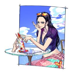 Rule 34 | 1girl, black hair, blue eyes, blue jacket, border, cloud, commentary request, crossed fingers, disembodied limb, drinking straw, eg (eastg111), elbow on table, extra hands, eyewear on head, glass, hana hana no mi, jacket, korean commentary, long hair, looking at viewer, nico robin, on chair, one piece, pink sarong, sidelocks, sitting, sky, smile, solo, table, white border