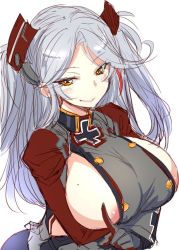 Rule 34 | 1girl, areola slip, azur lane, bosshi, breasts, cross, gloves, iron cross, large breasts, long hair, mole, mole on breast, prinz eugen (azur lane), sideboob, silver hair, simple background, smile, solo, white background, yellow eyes