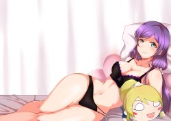 Rule 34 | 10s, 1girl, :d, arm behind back, arm support, bare arms, bare legs, bare shoulders, bed sheet, black bra, black panties, blonde hair, blush, blush stickers, bra, breasts, character doll, cleavage, closed mouth, collarbone, doll, gluteal fold, green eyes, hair ornament, hair scrunchie, highres, large breasts, legs together, lingerie, long hair, looking at viewer, love live!, love live! school idol project, lying, merchandise, navel, nesoberi, on bed, on side, open mouth, panties, pillow, ponytail, purple hair, scrunchie, smile, solo, stomach, stuffed toy, swept bangs, t-kun, thigh gap, tojo nozomi, underwear, underwear only
