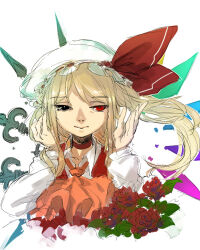 Rule 34 | 1girl, adapted costume, ascot, blonde hair, closed mouth, collared shirt, flandre scarlet, flower, hat, hat ribbon, highres, leaf, long hair, long sleeves, looking at viewer, one side up, pink ascot, red eyes, red flower, red ribbon, red rose, red vest, ribbon, rose, shirt, simple background, solo, tlman, touhou, upper body, vest, white background, white hat, white shirt